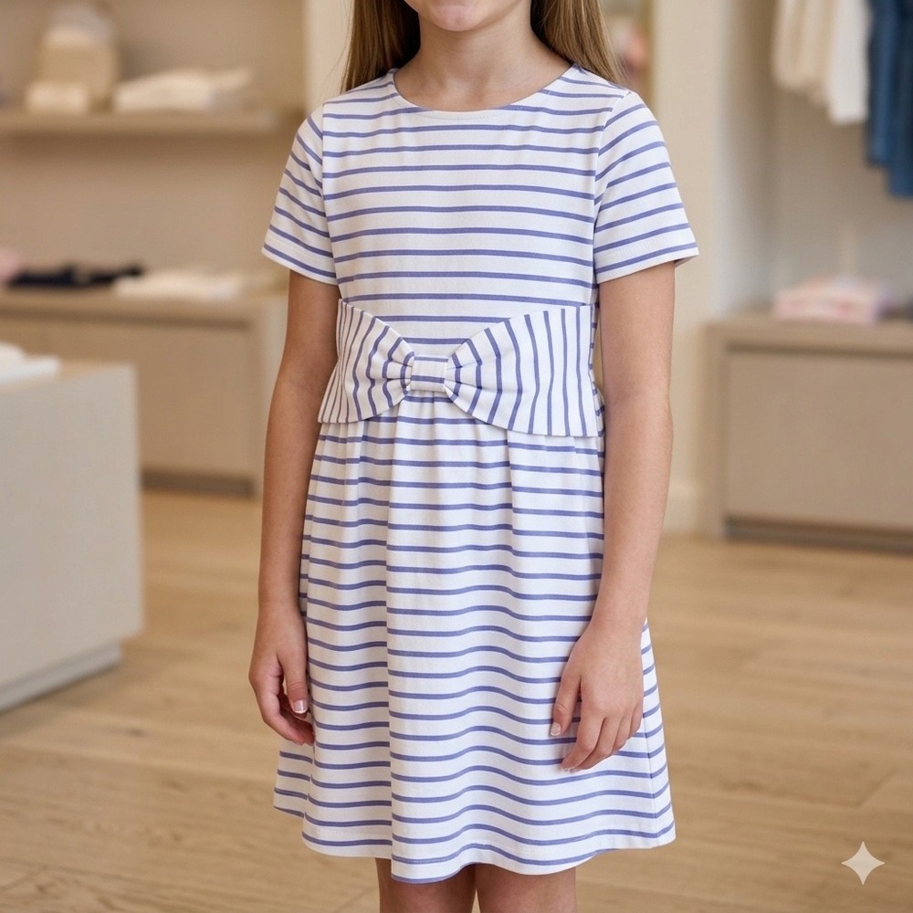 Kate Spade New York Girls Striped Bow Front Dress, Size 10 Blue White Preppy